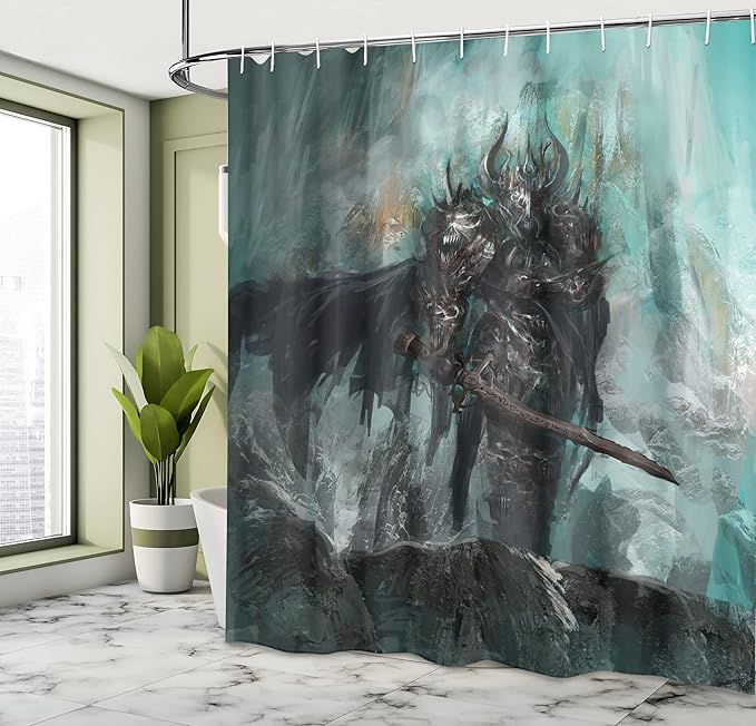 Ambesonne Fantasy World Shower Curtain, Knight of The Dead Dark Immortal Grunge Watercolor Design, Cloth Fabric Bathroom Decor Set with Hooks, 69" W x 70" L, Turquoise Black Brown