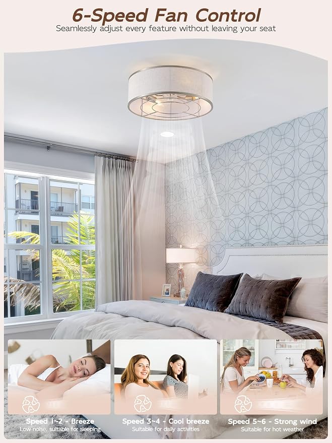 20" Silver Caged Ceiling Fans with Lights, Boho Flush Mount Ceiling Fan with Light and Remote, Bladeless with 6 Speeds for Bedroom, Nursery, Living Room
