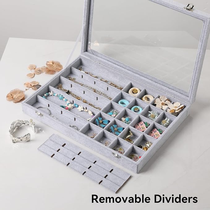 Frebeauty 40 Grid Earring Organizer,Velvet Jewelry Tray with Clear Lid | Drawer Jewelry Organizer for Rings Studs Beads,Adjustable Dividers,Dustproof,Earring Storage,Trinket Box,13.8×9.5Inches