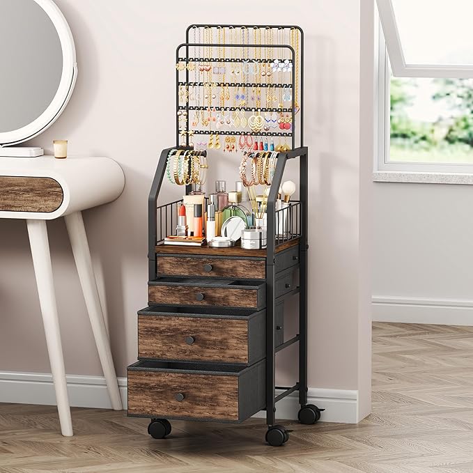 SWTYMIKI Jewelry Organizers and Storage- Multifunctional Stand Jewelry Organizer Cabinet for Necklace, Earring, Ring & Bracelet - Jewelry Box Necklace Holder with 4 Nonwoven Drawers & Wheel Espresso