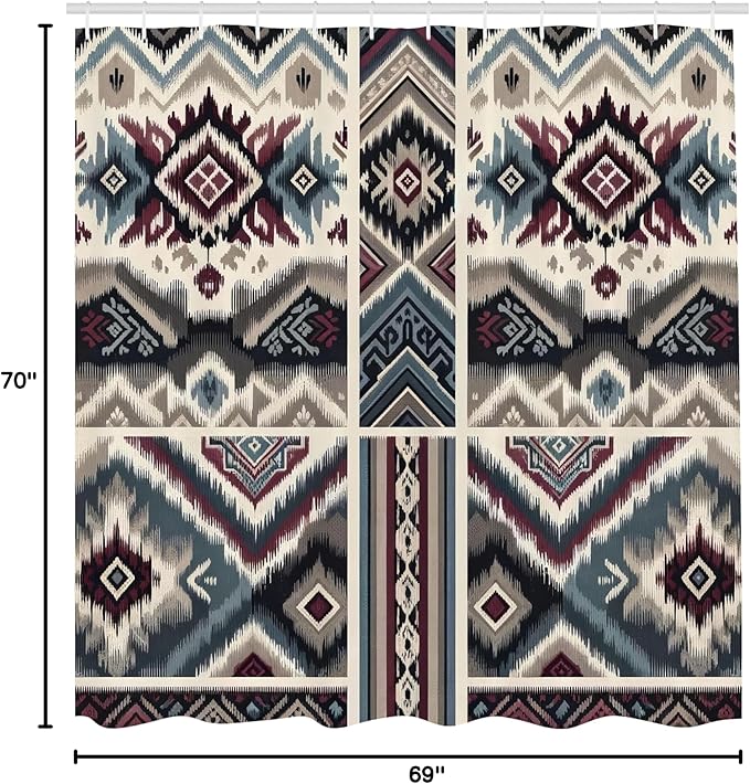 Ambesonne Ethnic Shower Curtain, Folk Geometric Zigzag and Abstract Shapes with Southwestern Inspirations, Cloth Fabric Bathroom Decor Set with Hooks, 69" W x 70" L, Blue Grey Plum Dimgray