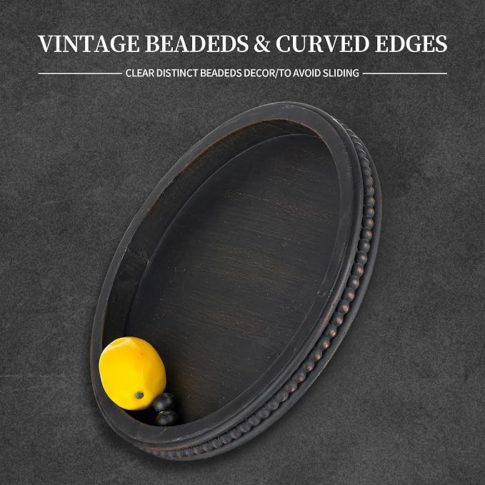 Hanobe Round Decorative Tray with Beaded Edge, Distressed Dark Brown Finish | 11.8" vintage wooden tray for coffee table, ottoman, or counter display, holds candles.