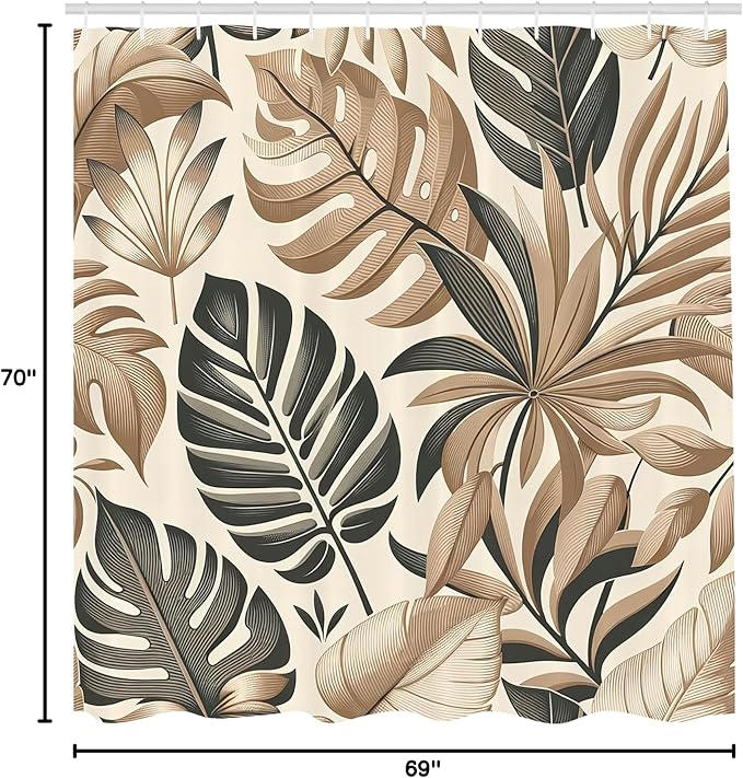 Ambesonne Tan Shower Curtain, Nostalgic Earthy Colors Boho Exotics Concept Monstera Leaves Urban Jungle, Cloth Fabric Bathroom Decor Set with Hooks, 69" W x 70" L, Dark Sea Green Eggshell