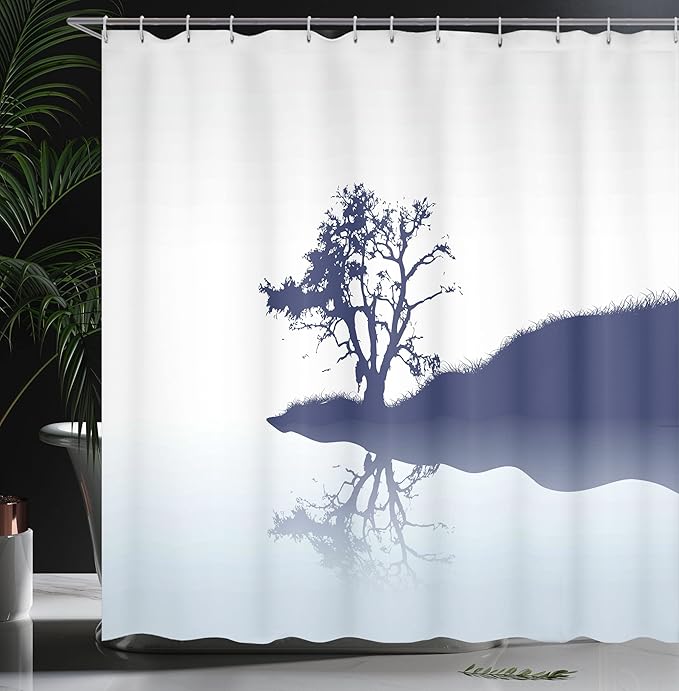 Ambesonne Nature Shower Curtain, Silhouette of Lonely Tree by Lake with Mirror Effects Melancholy Illustration, Cloth Fabric Bathroom Decor Set with Hooks, 69" W x 84" L, Pale Blue Indigo