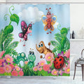 Ambesonne Garden Shower Curtain, Gardening Theme Illustration of Butterfly Ladybug Worm Flowers and Grass, Cloth Fabric Bathroom Decor Set with Hooks, 69" W x 75" L, Jade Green Fern Green