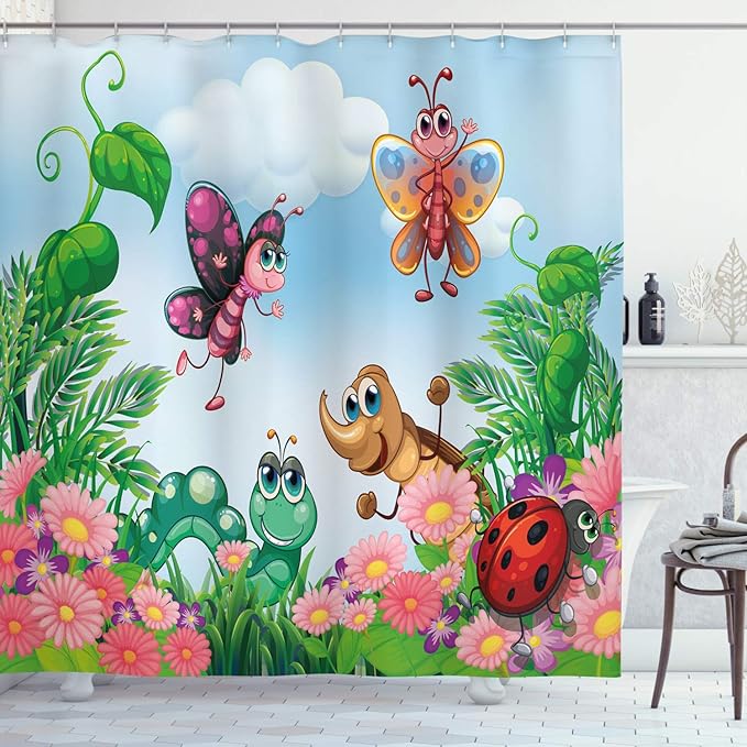 Ambesonne Garden Shower Curtain, Gardening Theme Illustration of Butterfly Ladybug Worm Flowers and Grass, Cloth Fabric Bathroom Decor Set with Hooks, 69" W x 70" L, Jade Green Fern Green
