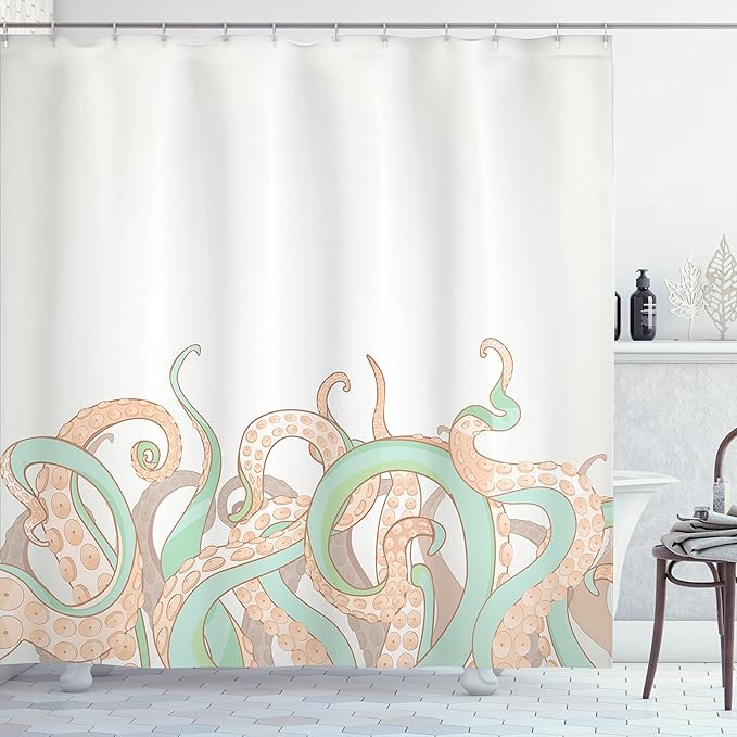 Ambesonne Octopus Shower Curtain, Animal Tentacles Background Underwater Marine Nature and Sea Creatures Nautical, Cloth Fabric Bathroom Decor Set with Hooks, 69" W x 70" L, Almond Green
