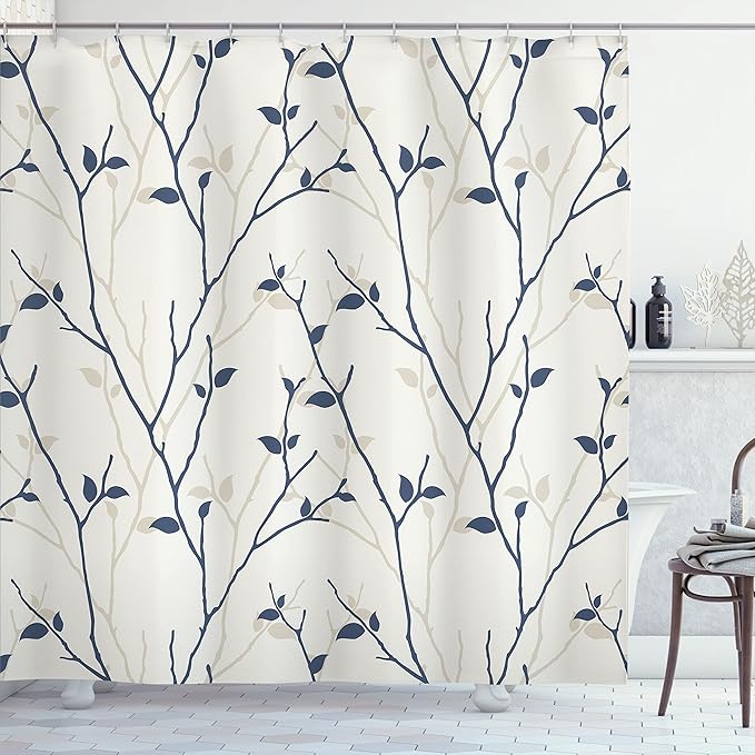 Ambesonne Leaf Shower Curtain, Branches in The Fall Trees Stem Twig Last Few Leafage Minimalistic Design Art, Cloth Fabric Bathroom Decor Set with Hooks, 69" W x 70" L, Azure Blue