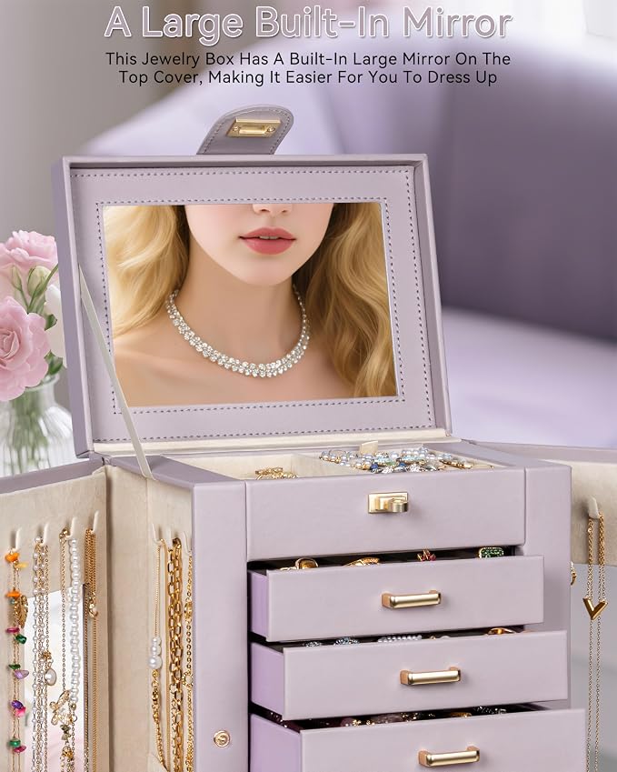 AKOZLIN 6-Tier Jewelry Box Organizer Functional 5 Drawers Leather Jewelry Storage Case for Women Girls Ring Necklace Earring Bracelet Holder Organizer with Mirror Purple 360° Rotating