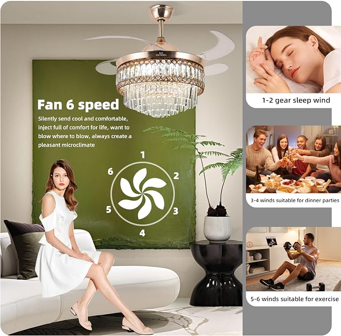 Retractable Crystal Ceiling Fan with Lights and Remote/APP Control, Bluetooth Ceiling Fan with Speaker, 6-Speed Reversible Blades, RGB Light, Invisible Fandelier for Bedroom Dinning Room 42"