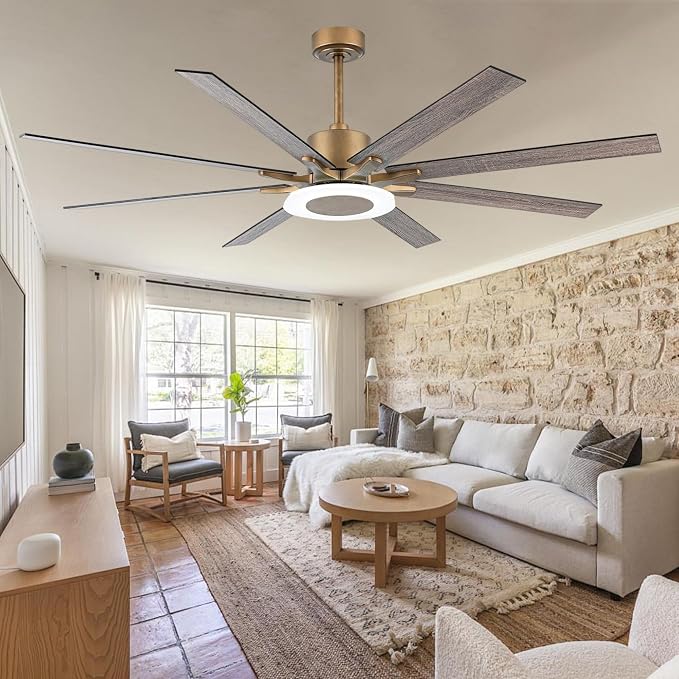 65" Vintage Black and Brushed Gold Ceiling Fan with Light, 6-Blade DC Motor, Reversible Quiet Fan with LED Module, Downrod Mount Large Ceiling Fan for Living Room Bedroom Patio