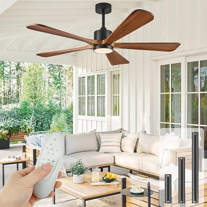 52 Inch Ceiling Fan with Lights and DC Motor by Remote Control,5 Reversible Solid Wood Blades,6-Speed Noiseless DC Motor, Modern Ceiling Fan for Indoor Bedroom Living Room Outdoor Patios