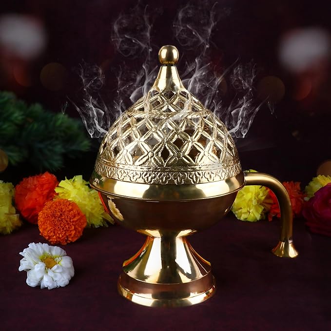 SATVIK 1 Pc Pure Brass Antique Incense Holder Dhuni Burner with Long Brass Handle Handheld Puja Dhuna Loban Burner Pooja Agarbatti Dhoop Pot Dhuni Stand Indian Housewarming Return Gift Items Bulk