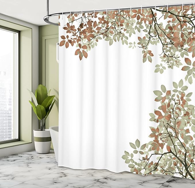 Ambesonne Leaves Shower Curtain, Broad Leaves Close-up Background Autumnal Foliage Shrubs Illustration Print, Cloth Fabric Bathroom Decor Set with Hooks, 69" W x 75" L, Cinnamon and White