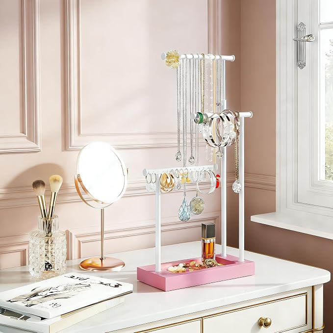 SRIWATANA Pink & White Extra Tall Necklace Holder, Jewelry Display Stand | Sturdy Tall Jewelry Organizer; Chic necklace organizer to Display Long Necklaces, Pendants, Chains Without Tangling