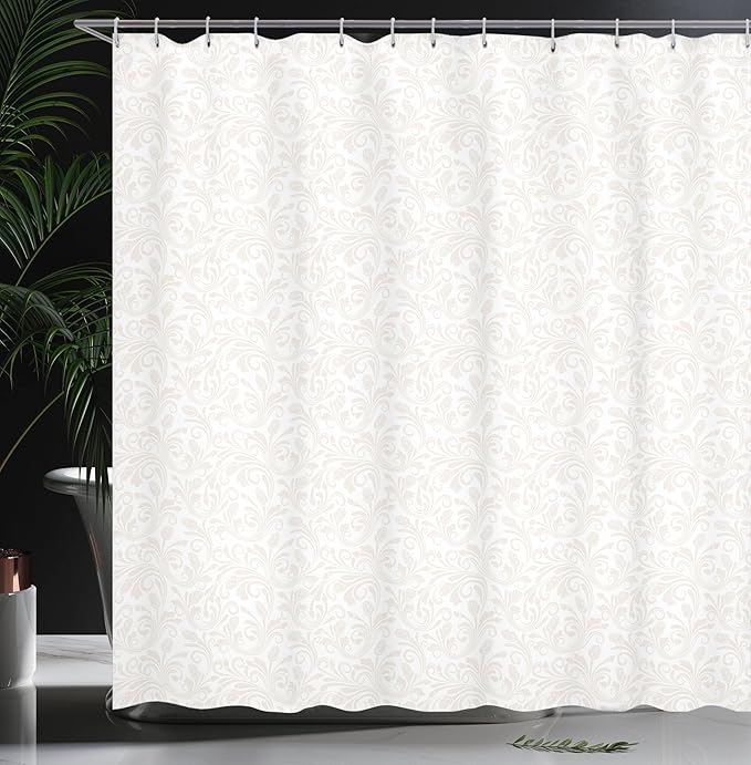 Ambesonne Ivory Shower Curtain, Medieval Victorian Petals Baroque Soft Toned Blooms Swirls Flourish Spring Pattern, Cloth Fabric Bathroom Decor Set with Hooks, 69" W x 70" L, White Beige