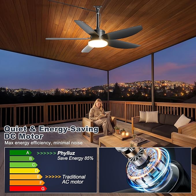 Outdoor Ceiling Fan with Lights, 42 Inch Plug in Gazebo Fans with Remote APP Control, Quiet DC Motor, Dimmable 3CCT, Waterproof Hanging Fans for Patios, Porch, Black
