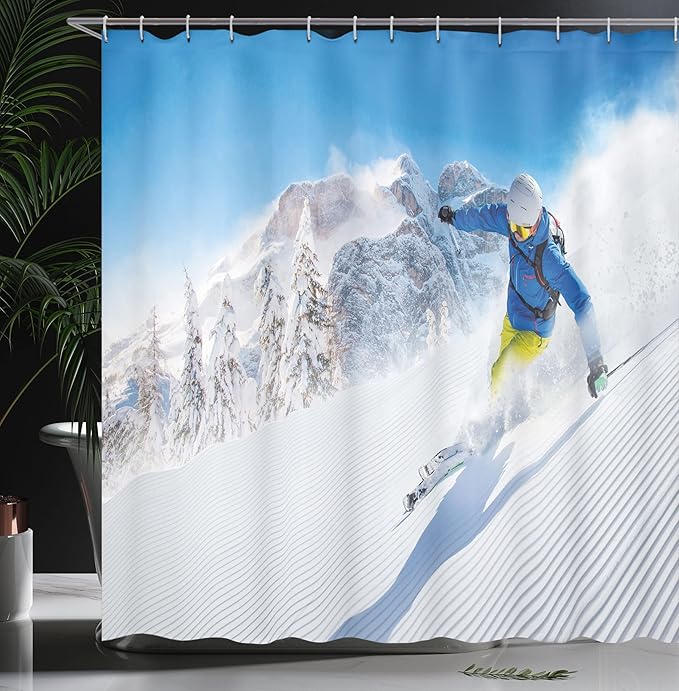 Ambesonne Winter Shower Curtain, Skier Skiing Downhill in High Mountains Extreme Winter Sports Hobby Activity, Cloth Fabric Bathroom Decor Set with Hooks, 69" W x 70" L, Blue White
