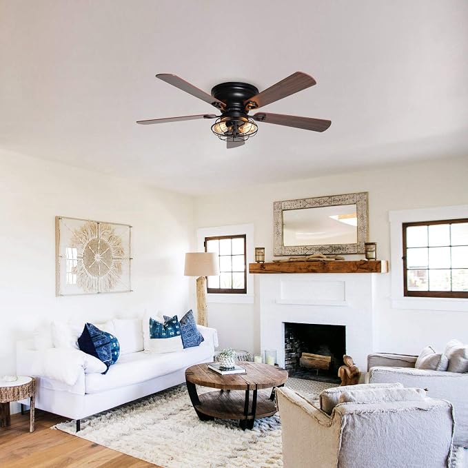 48" Farmhouse Low Profile Ceiling Fan with Light & Remote, Outdoor Flush Mount Ceiling Fans for Bedroom Living Room, 5-Blades 3-Speed Quiet Reversible Motor, Timer Function