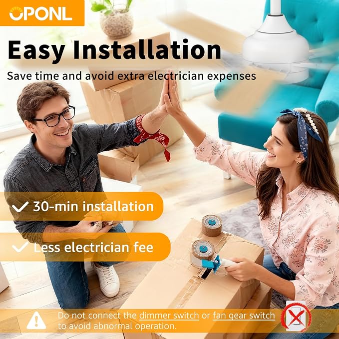 OPONL Ceiling Fan with Light, Ceiling fan with Light and Remote Control, Reversible, 6CCT, Dimmable, Noiseless, Ceiling Fan for Bedroom, Indoor/Outdoor Use, White, 52 inch, Modern