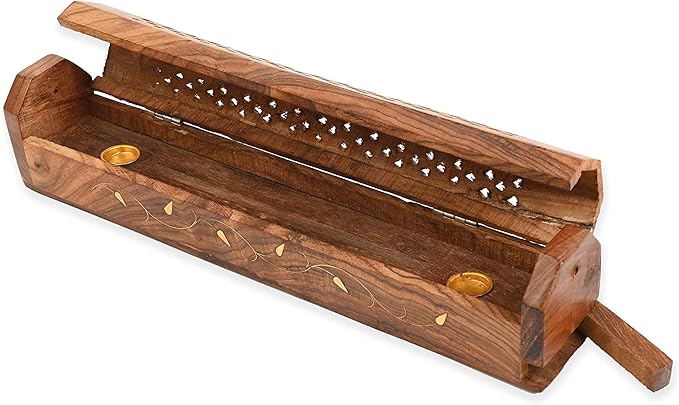 Incense Garden Pack of 2 Incense Stick Holder - Coffin Style - Wood Incense Stick Burner with Vines Inlays (Natural) Handmade with Brass Inlays