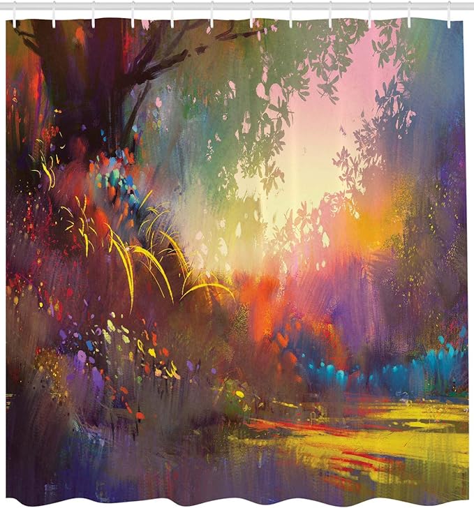 Ambesonne Fantasy Shower Curtain, Lake with Brush Effects Surreal Nature Elf Tranquil and Serene Art Print, Cloth Fabric Bathroom Decor Set with Hooks, 69" W x 75" L, Indigo Earth Yellow Multicolor
