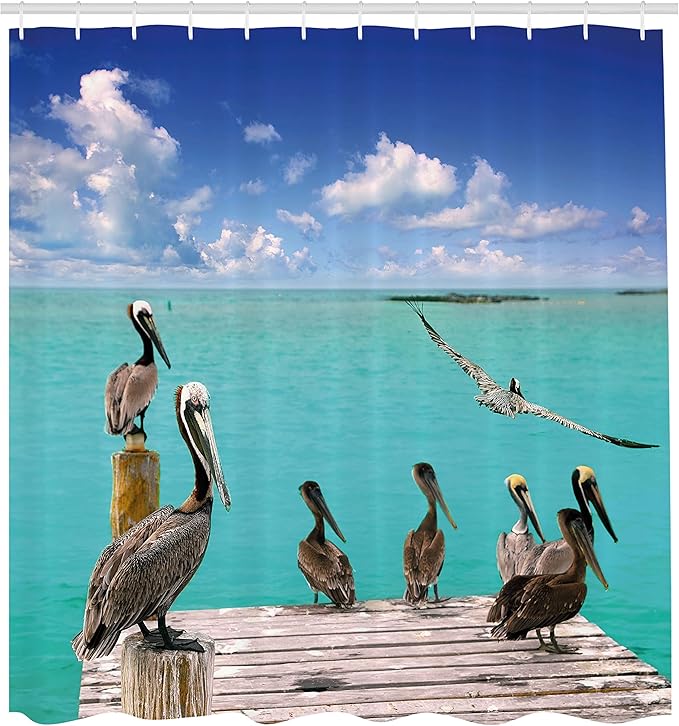 Ambesonne Landscape Shower Curtain, Tropical Sea View with Exotic Birds Pelicans Caribbean Beach Tranquil Photo, Cloth Fabric Bathroom Decor Set with Hooks, 69" W x 70" L, Blue Aqua