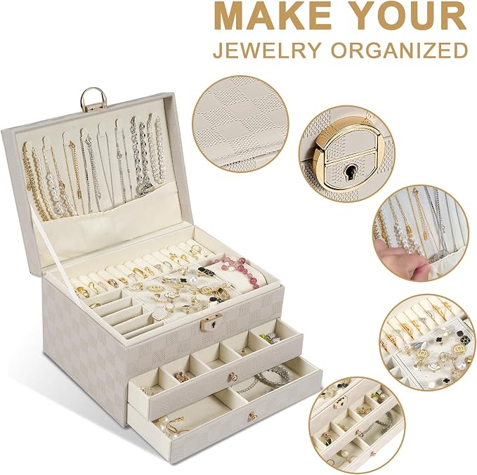 GUOER Jewelry Box for Women Girls, 3 Layers Large Jewelry Organizer(Light Khaki)