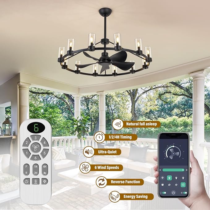 44" Wagon Wheel Chandelier Ceiling Fans with Lights and Remote with APP, 12-Lights Farmhouse Fandelier Fans with Glass Shade, Black Industrial Lighting Fixture for Dining Living Room, Kitchen Island