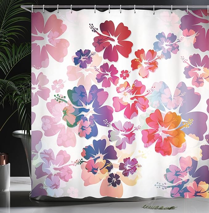 Ambesonne Hawaiian Shower Curtain, Exotic Floral Island Theme Tropical Hawaii Flowers Pattern Print, Cloth Fabric Bathroom Decor Set with Hooks, 69" W x 75" L, Pink Orange