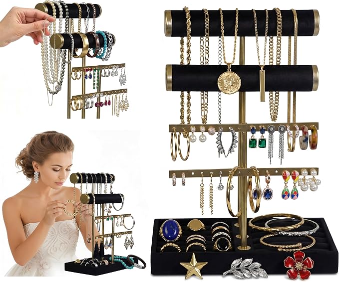 Jewelry Tower Stand Organizer for Women - Soft Touch Velvet Elegant Jewelry Holder Display with Necklace Holder, Earring Organizer & Bracelet Rack - Tabletop Stand for Dresser, Vanity, Desk - Black