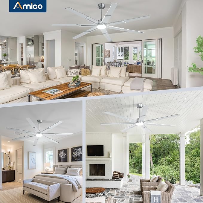 Amico Ceiling Fans with Lights,74 inch Nickel Ceiling fan with Light and Remote, 6 Speed Reversible DC Motor, 3CCT, Dimmable, Quiet, Timer, Outdoor Ceiling Fan for Patio, Living room, Indoor/Outdoor