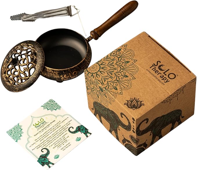 Iron Charcoal Burner with Lid & Wood Handle with Charcoal Tong, 9" Golden Finish, Burner for Incense, Charcoal Burner with Handle, Includes Charcoal Tong
