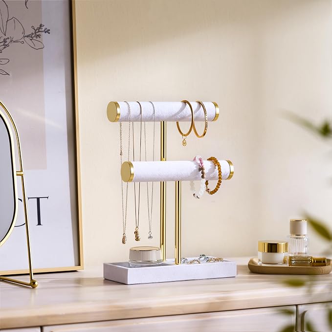 bussdis 2 Tier Bracelet Holder Display, Necklace Holder Organizer, White | Velvet Necklace Holder | Jewelry Tree | Jewelry Towers | Jewelry Stand Organizer for Necklaces, Bracelets, Earrings, Rings