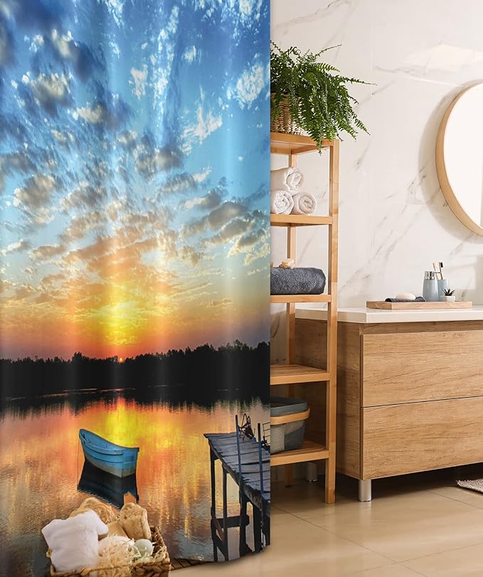 Ambesonne Nautical Stall Shower Curtain, Little Fishing Boat on Pond Tranquil Sunrise Water Reflection Picture, Fabric Bathroom Decor Set with Hooks, 36" W x 72" L, Sky Blue Yellow Black