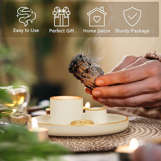 ZenBless Multifunction Incense and Candle Holder for Burning Sage, Palo Santo, Incense Sticks - 5.9" Ceramic Ash Catcher Tray for Meditation Room Home Decor Spritual Gifts(Gold Sun)