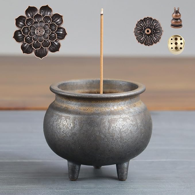 Antique Gilding Ceramic Incense Burner Stick Holder, Minimalist Retro Three-Footed Design, for Sticks Backflow Incense Palo Santo Sage Bundle, Meditation Yoga Massage Home Decor, Easy Clean