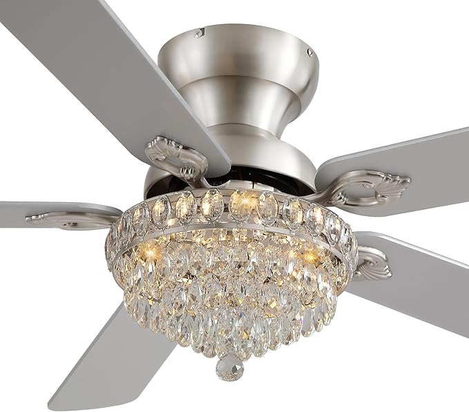 GJeg Crystal Ceiling Fan Fandelier with Lights-Ceiling Fans with Remote Control,Modern Ceiling Fan with Noiseless DC Reversible Motor,Dining Room,Living Room(52" Nickel)