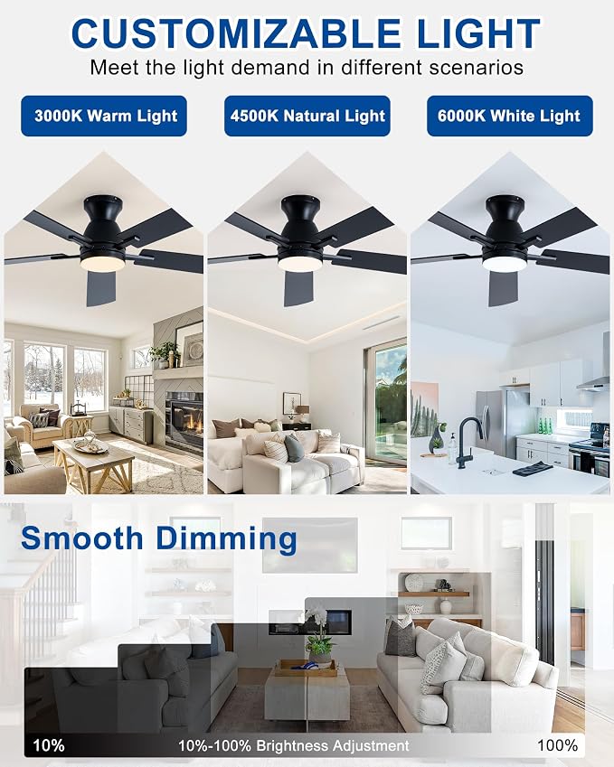 Coolwind 52in 5 Blade Black Flush Mount Dimmable Ceiling Fan | APP and Remote Control, Low Profile Bedroom Ceiling Fan with 6 Speeds & 3CCT, Quiet DC Motor for Indoor/Outdoor Use