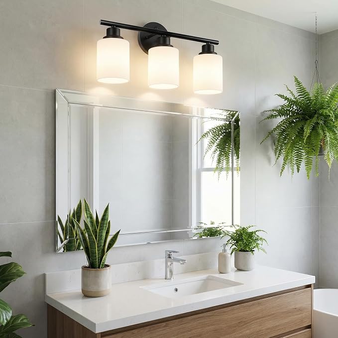 Unicozin 3 Light Bathroom Light Fixtures, Modern Vanity Lights with Milky Glass Shade, Black Wall Lamp Over Mirror for Bathroom, Living Room, Cabinet, Bedroom, E26 Base