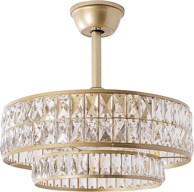Gold Fandelier Ceiling Fan with Light,20" Crystal Chandelier Ceiling Fans with Lights and Remote Control,Modern Caged Flush Mount Fandelier with 6 Speeds for Living Room Bedroom Nursery