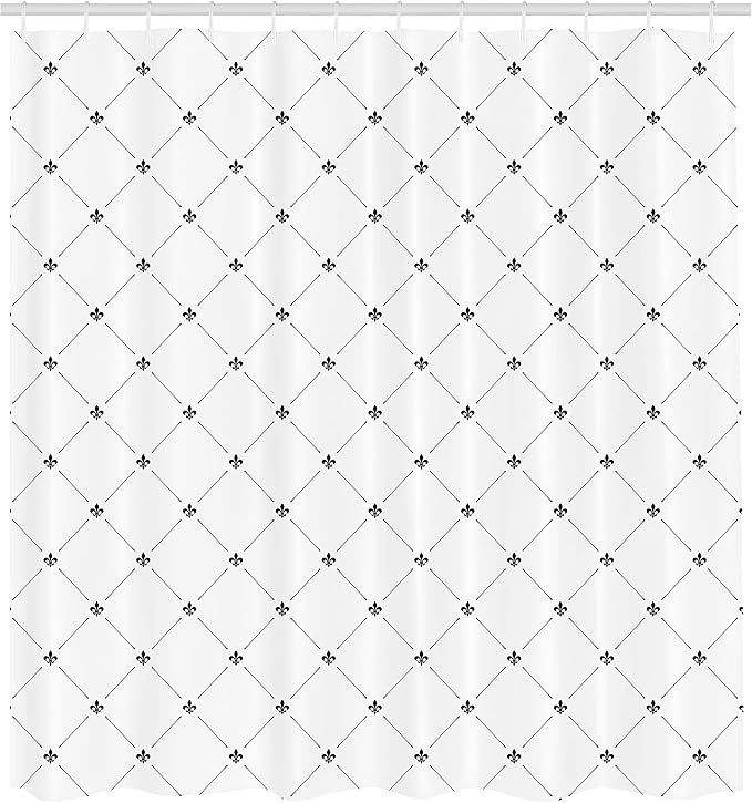 Ambesonne Fleur De Lis Shower Curtain, Monochrome Style Damask Pattern with Vintage Geometric Diamond Lines, Cloth Fabric Bathroom Decor Set with Hooks, 69" W x 70" L, White and Black