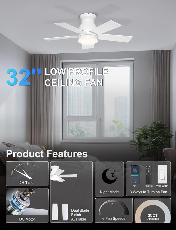 32'' White Low Profile Ceiling Fan with Light for Nursery Room | Quiet DC Motor, Flush Mount, 3CCT Dimmable, Modern Small Room Ceiling Fan with App/Remote Control