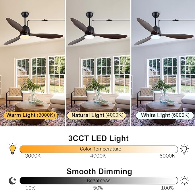 52" Outdoor Ceiling-Fan with Light: Plug-in Waterproof Hanging Fans, App/Remote Control, Reversible 6-Speed Quiet DC Motor, 3CCT, for Patio Porch Pergola