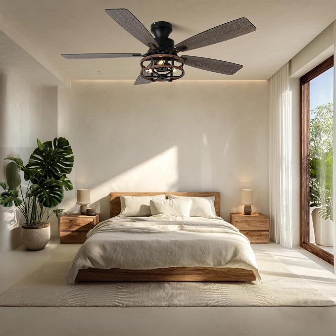 52" Flush Mount Farmhouse Ceiling Fan with Light & Remote Control | Rustic Caged Chandelier Ceiling Fan with 5 Double Colour Blades Reversible DC Motor, for Living Room,Dining Room,Bedroom
