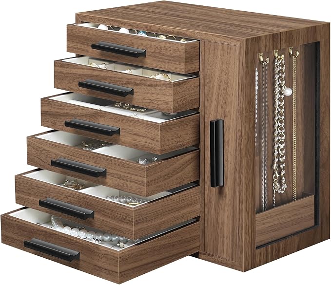 HOOBRO Jewelry Box for Women, Jewelry Organizer Box, 6-Tier Wooden Jewelry Box, Jewelry Case with Side Transparent Window, for Earring, Necklace, Bracelet, Walnut and Black BH12JB04