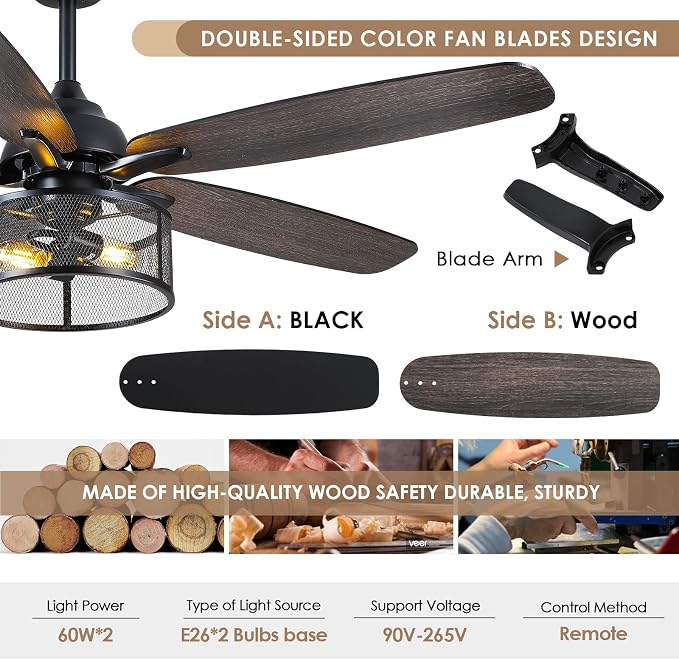 Hounberi 56 Inch Farmhouse Ceiling Fans with Lights and Remote Control | 6-Speed Reversible DC Motor, 5 Double Finish Blades, Black Caged Ceiling Fan with Light for Bedroom, Living Room, Kitchen