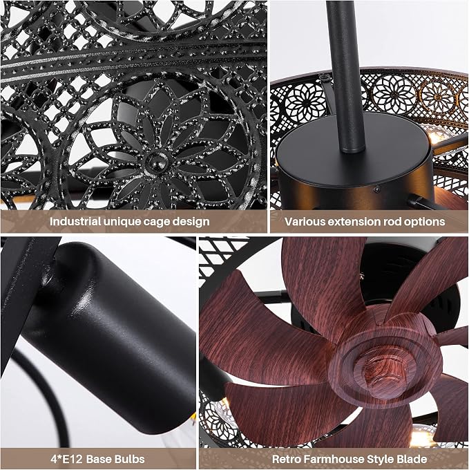 REDSTAR Small Caged Ceiling Fans with Lights, Black Industrial Ceiling Fan with Light and Remote, Farmhouse Ceiling Fan Light for Living Room, Bedroom, Kitchen