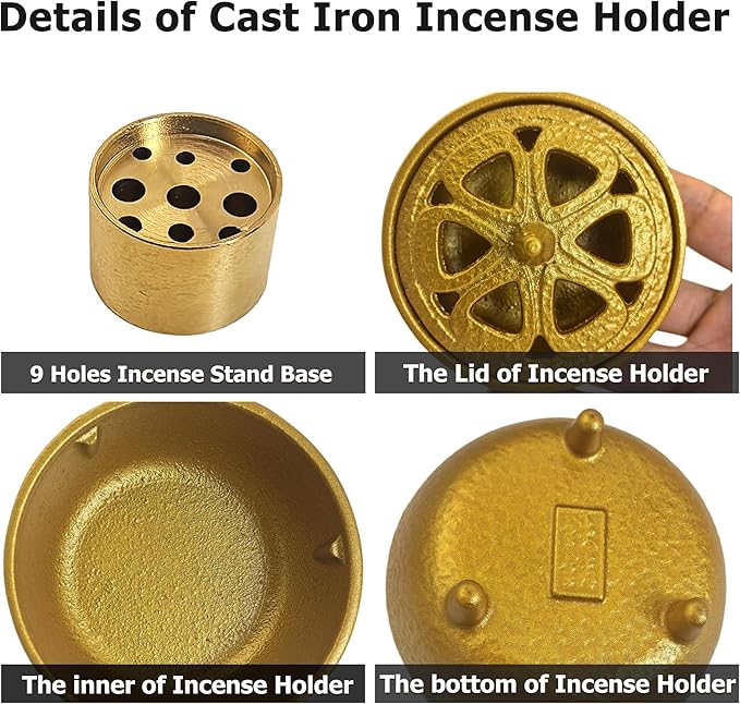 Small Cast Iron Incense Burner Holder, Home Decor, Bowl Design with Lid, Golden Incense for Sticks, Resin, Cone Incense or Wax Melts, Cense with Stand Base for Yoga, Spa, Room, Office