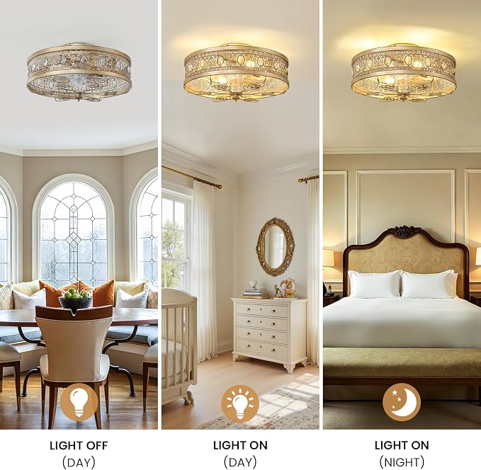 Gold Caged Ceiling Fan with Lights 19 Inch Vintage Crystal Fandelier Enclosed Bladeless Ceiling Fan with Remote Flush Mount Low Profile Ceiling Fan for Bedroom Living Room Kitchen
